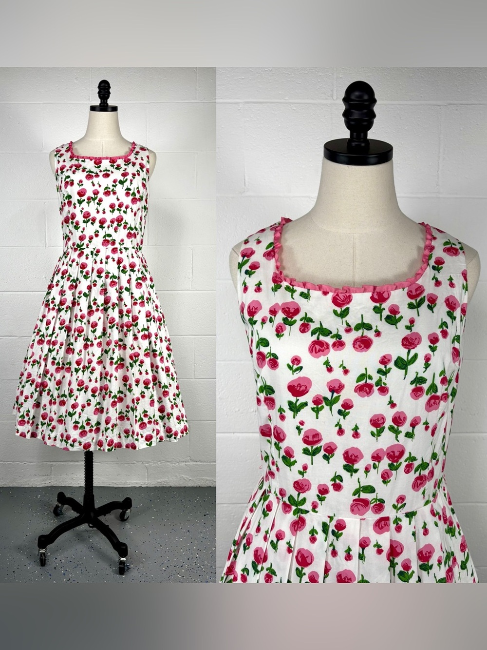 Vintage 90s Pink Rose Floral Fit Flare Day Dress Cotton Ruffle Trim Tradwife 14 - Picture 14 of 14